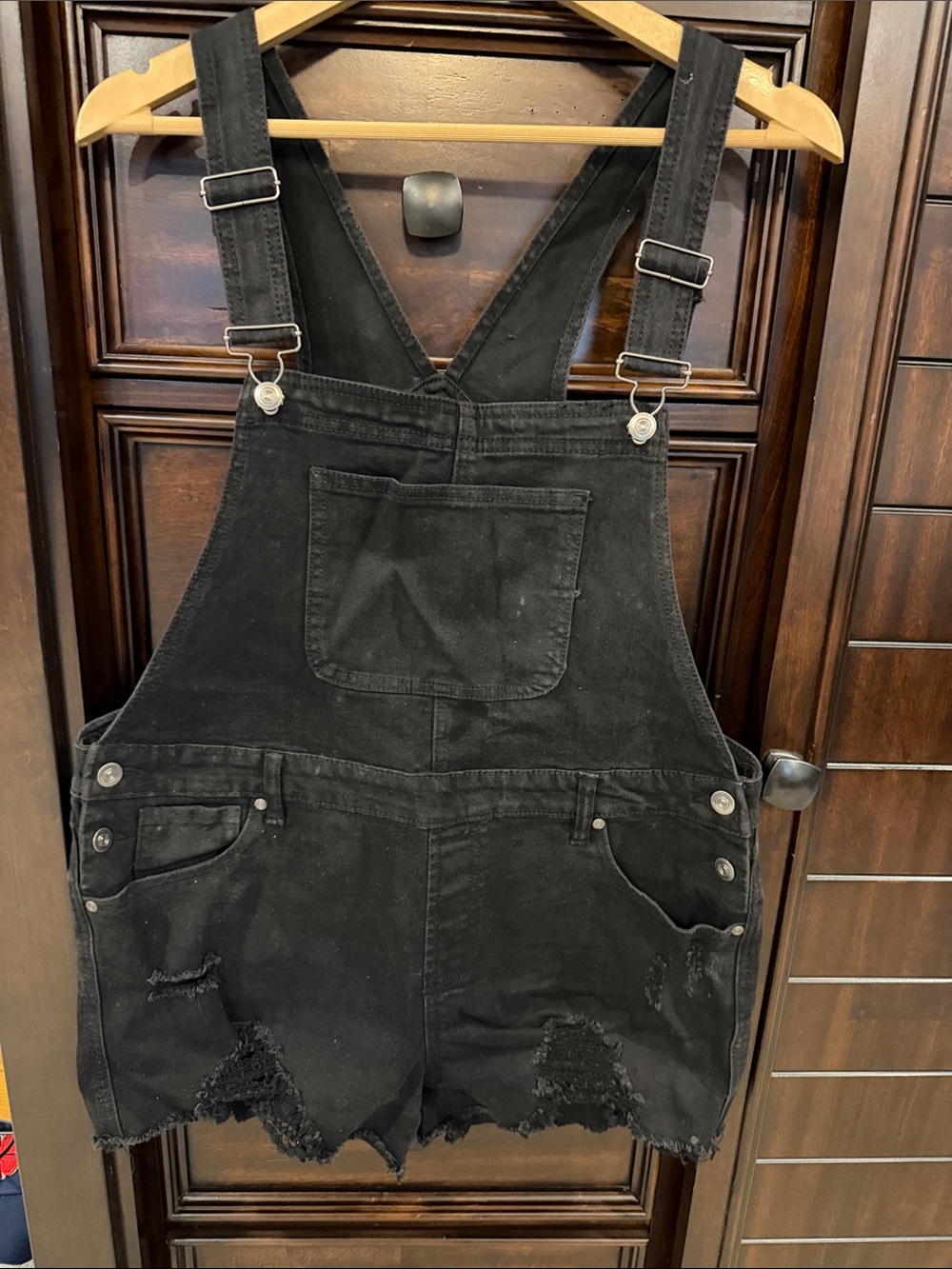 No Boundaries Black Distressed Denim Short Overalls